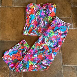 Trina Turk Matching Strapless Top (12) Flowy Pants Swim Beach Resort Wear Large